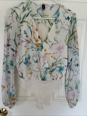 Windsor Women’s Bodysuit White Size Small Botanical Floral Sheer Long Sleeve
